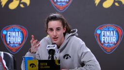 Caitlin Clark #22 of the Iowa Hawkeyes speaks to media during interviews ahead of the 2024 NCAA Women's Final Four National Championship against the South Carolina Gamecocks at Rocket Mortgage Fieldhouse on April 06, 2024 in Cleveland, Ohio.