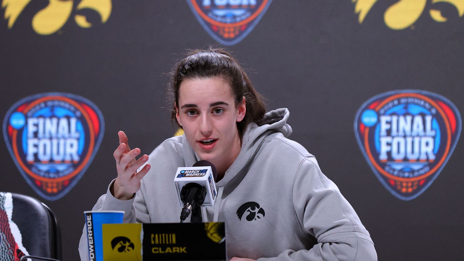 Caitlin Clark the Iowa Hawkeyes speaks to media during interviews ahead of the 2024 NCAA Women's Final Four National Championship against the South Carolina Gamecocks.