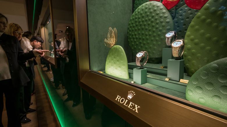 This photograph taken on April 9, 2024, shows watches by Swiss watchmaker Rolex displayed during the opening day of the "Watches and Wonders Geneva" luxury watch fair, in Geneva. The "Watches and Wonders" fair, which runs until April 15, will see 54 major watch brands show off their latest creations, including Rolex, Patek Philippe, Cartier, Chopard, Hermes and Chanel.