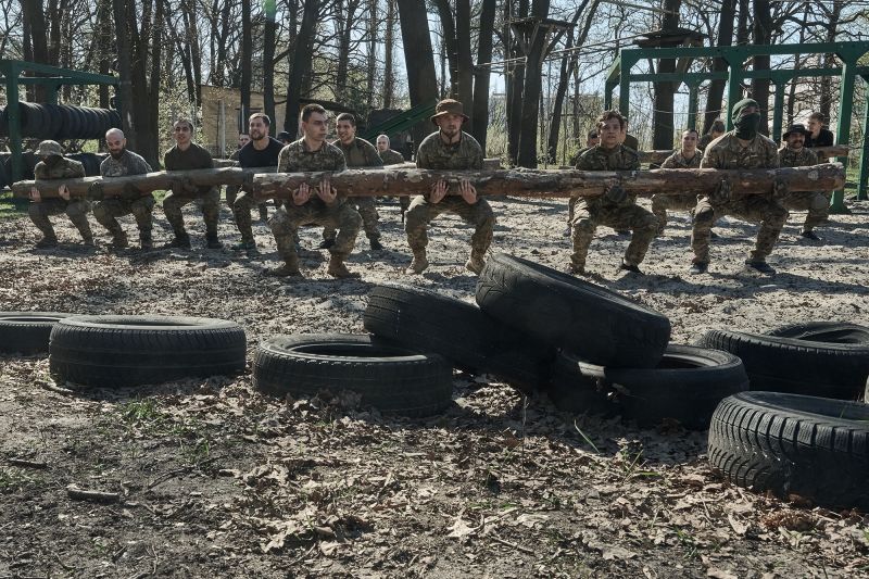 Young recruits undergo military training at a recruiting center in Kyiv in April.