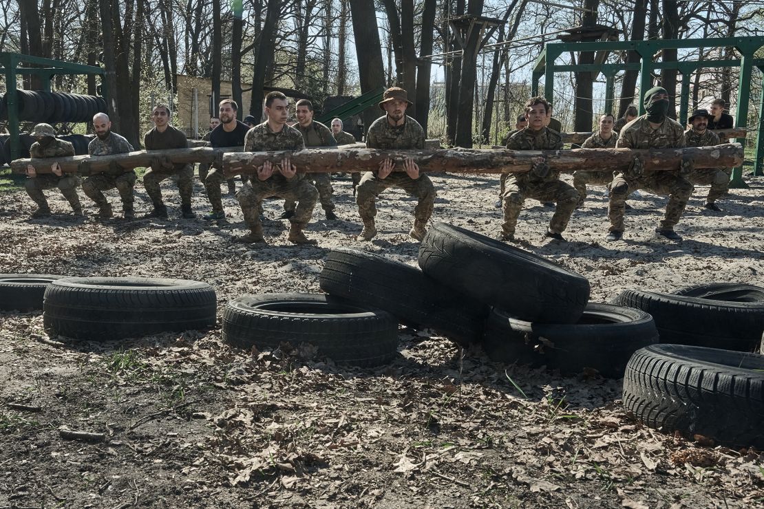 Young recruits undergo military training at a recruiting center in Kyiv in April.