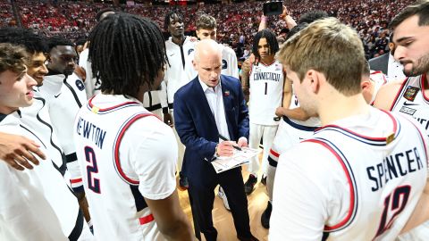 GLENDALE, ARIZONA - APRIL 06: Head coach Dan Hurley of the Connecticut Huskies talks to team huddle before the NCAA Men’s Basketball Tournament Final Four semifinal game at State Farm Stadium on April 06, 2024 in Glendale, Arizona. (Photo by Brett Wilhelm/NCAA Photos via Getty Images)