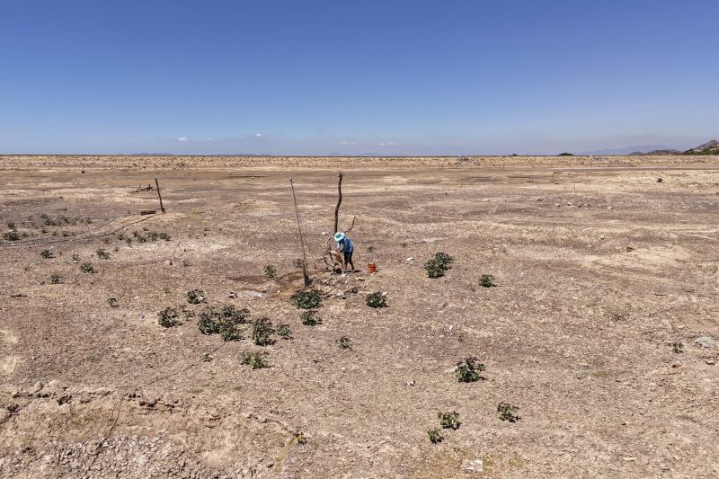 A resident attempts to pump underground water from a dried reservoir in Vietnam's central Ninh Thuan province during a heat wave and drought on April 6, 2024.