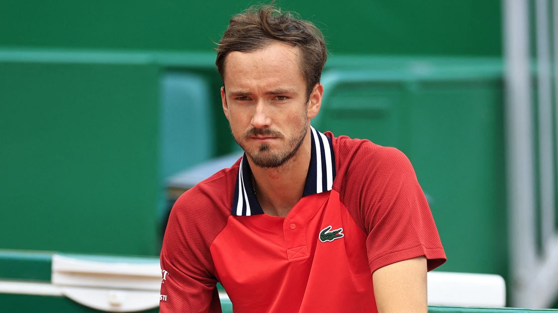 Russia's Daniil Medvedev looks on from the bench as he competes against France's Gael Monfils during their Monte-Carlo Masters match on April 10, 2024.