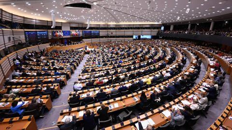 Members of European Parliament attend a plenary session at the European Parliament in Brussels on April 10, 2024. Lawmakers are voting on a major revamp of the European Union's migration laws aiming to end years of division over how to manage the entry of thousands of people without authorization and deprive the far-right of a vote-winning campaign issue ahead of June elections. (Photo by JOHN THYS / AFP) (Photo by JOHN THYS/AFP via Getty Images)
