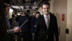 U.S. Rep. Matt Gaetz (R-FL) walks past reporters as he leaves a House GOP caucus meeting at the U.S Capitol on April 10, 2024 in Washington, DC.