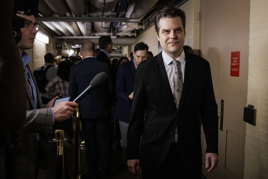 Rep. Matt Gaetz of Florida walks past reporters as he leaves a House GOP caucus meeting at the US Capitol on April 10, 2024.