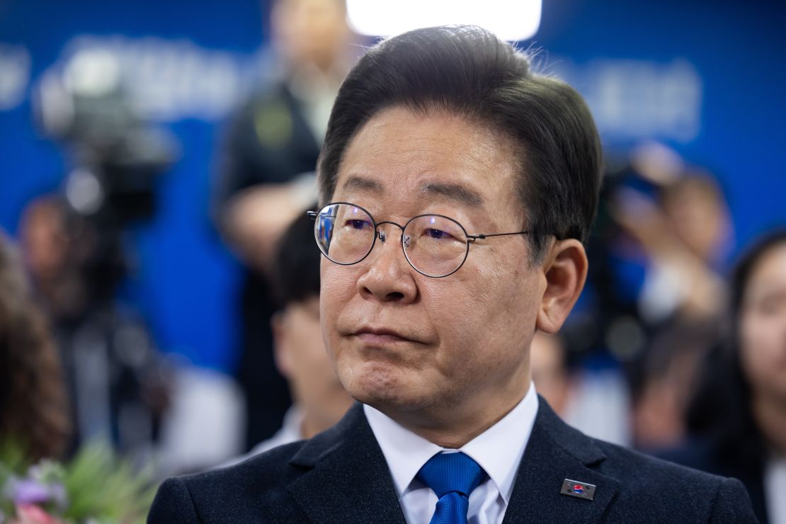 Lee Jae-myung, leader of the Democratic Party, watches election results at his district office in Incheon, South Korea, on Thursday, April 11, 2024. South Korean President Yoon Suk Yeol's conservative alliance is set for a major setback in voting for a new parliament, putting him in a weakened position for the remaining three years of his term and likely thwarting his investor-friendly policies. Photographer: SeongJoon Cho/Bloomberg via Getty Images