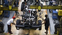 The new Ford F-150 truck goes through the assembly line at the Ford plant in Dearborn, Michigan.