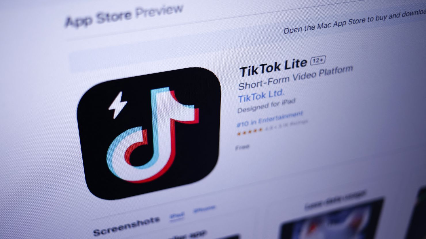 This photograph taken on April 11, 2024, in Paris, shows the logo of the Chinese social network application TikTok Lite displayed in Apple's App Store.