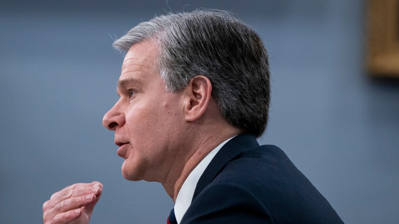 Christopher Wray, director of the Federal Bureau of Investigation (FBI), during a House Appropriations Subcommittee on Commerce, Justice, Science, and Related Agencies hearing in Washington, DC, US, on Thursday, April 11, 2024. Wray is expected to state that the top terrorism threat "is posed by lone actors or small cells of individuals who typically radicalize to violence online" according to testimony posted in advance of the meeting. Photographer: Haiyun Jiang/Bloomberg via Getty Images