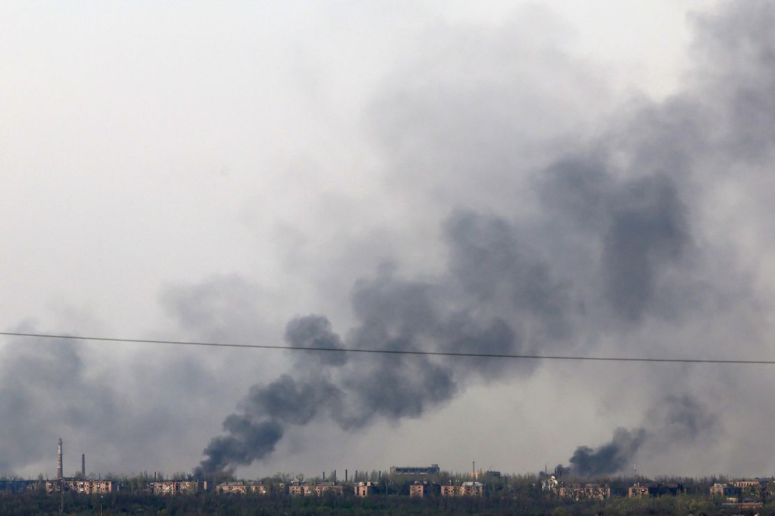 A photograph taken on April 11, 2024, near the town of Chasiv Yar, in Donetsk region, shows smoke rising from fires after bombing.