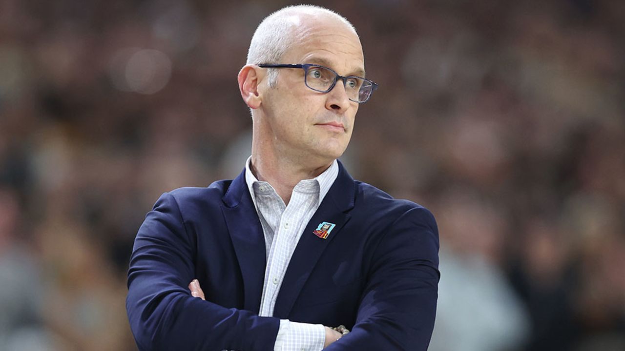 Connecticut Huskies head coach Dan Hurley watches the first half against the Purdue Boilermakers during the NCAA Men's Basketball Tournament National Championship game in April 2024.