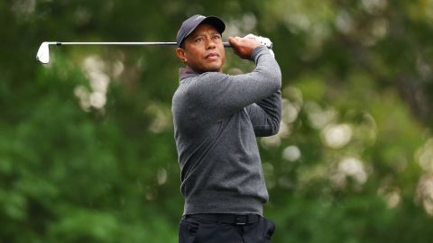 AUGUSTA, GEORGIA - APRIL 09: Tiger Woods of the United States plays his shot from the fourth tee during a practice round prior to the 2024 Masters Tournament at Augusta National Golf Club on April 09, 2024 in Augusta, Georgia. (Photo by Andrew Redington/Getty Images)