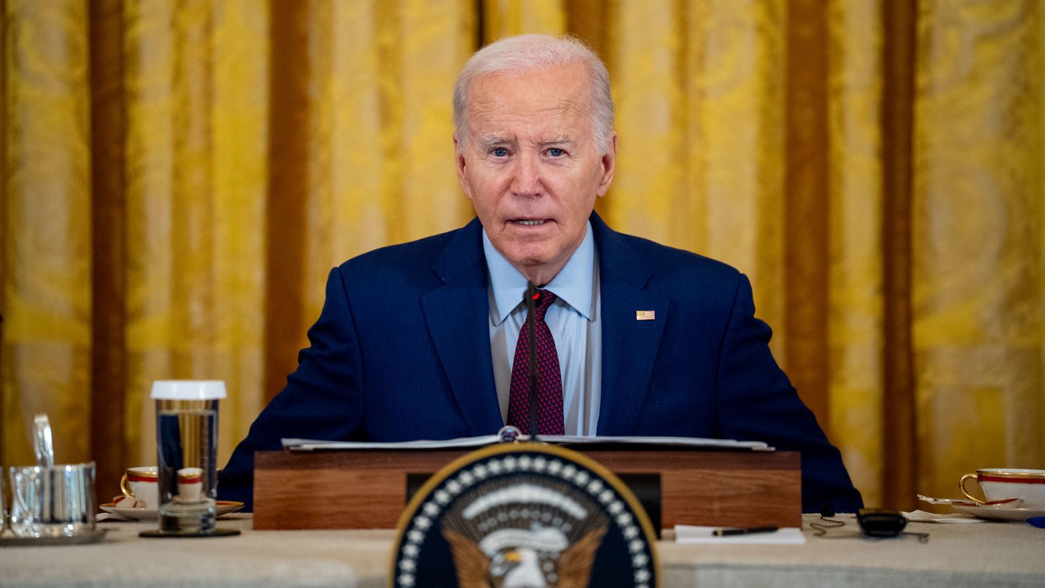 President Joe Biden speaks during a trilateral meeting with Japanese Prime Minister Fumio Kishida and Filipino President Ferdinand Marcos in the East Room of the White House on April 11, 2024 in Washington, DC.