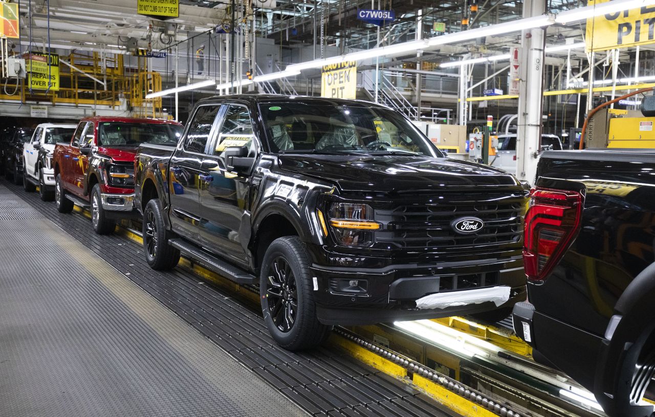 The Ford F-150 pickup on the assembly line at Ford's plant in Dearborn, Michigan on April 11. While the truck is assembled at US factories, less than half of its parts are American made.