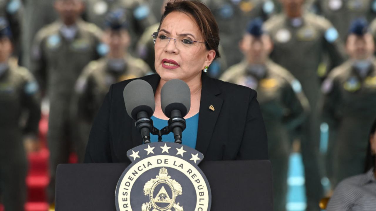 Honduran President Xiomara Castro delivers a speech during the 93rd anniversary of the Honduran Air Force in Tegucigalpa, on April 12, 2024. (Photo by Orlando SIERRA / AFP) (Photo by ORLANDO SIERRA/AFP via Getty Images)