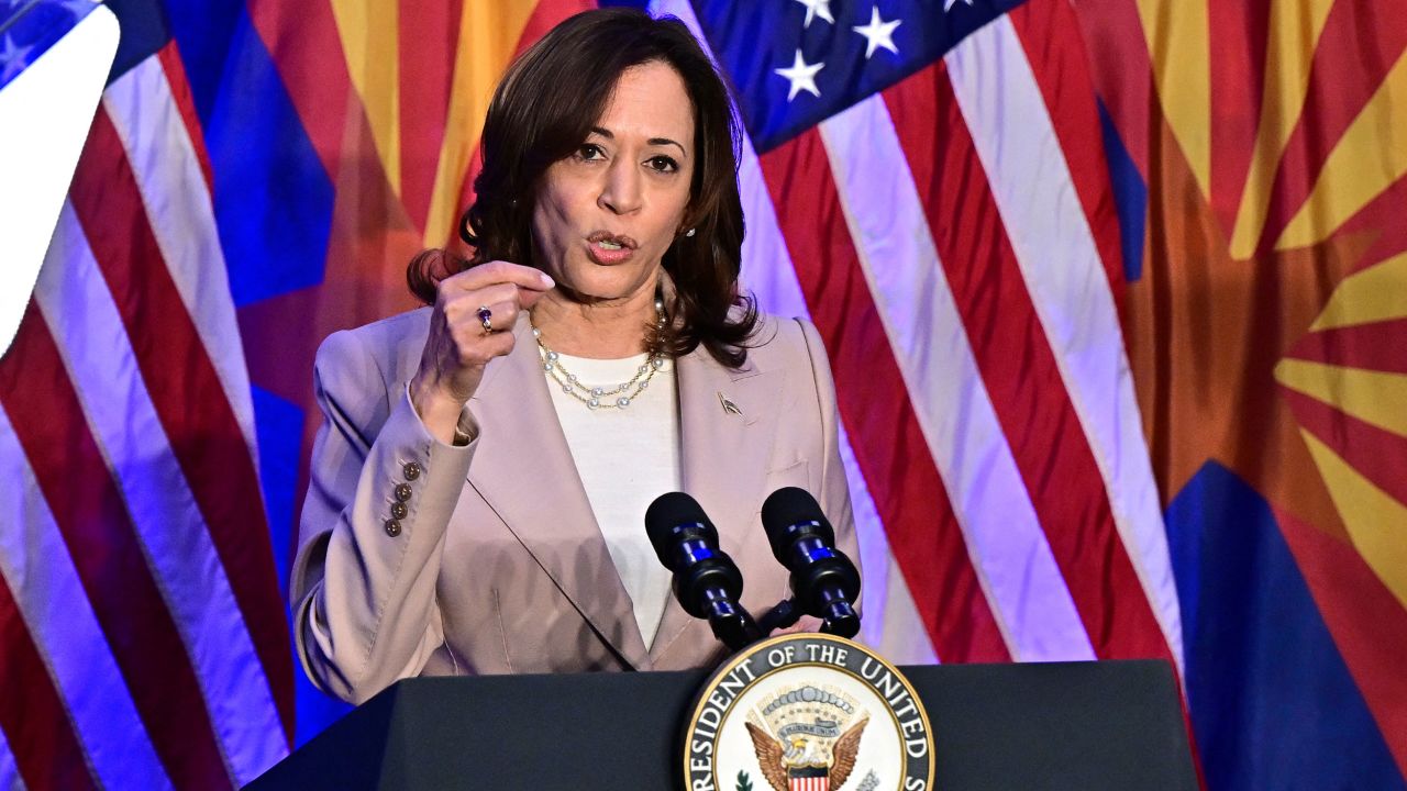 US Vice President Kamala Harris speaks on reproductive freedom at El Rio Neighborhood Center in Tucson, Arizona, on April 12, 2024. The top court in Arizona on April 9, 2024, ruled a 160-year-old near total ban on abortion is enforceable, thrusting the issue to the top of the agenda in a key US presidential election swing state. (Photo by Frederic J. Brown / AFP) (Photo by FREDERIC J. BROWN/AFP via Getty Images)