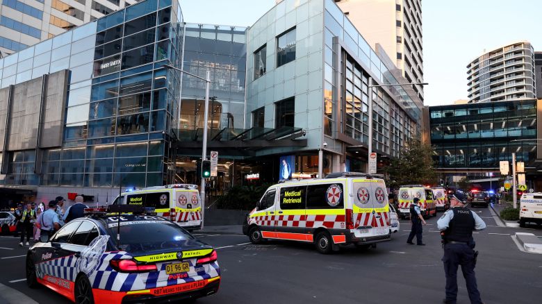 Police cordon off the Westfield Bondi Junction shopping mall after a stabbling incident in Sydney on April 13, 2024.