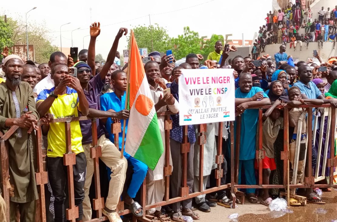 Demonstrators in Niamey, Niger, rally for the repeal of the agreement that allows US Defense Department personnel to serve in the country on April 13, 2024.