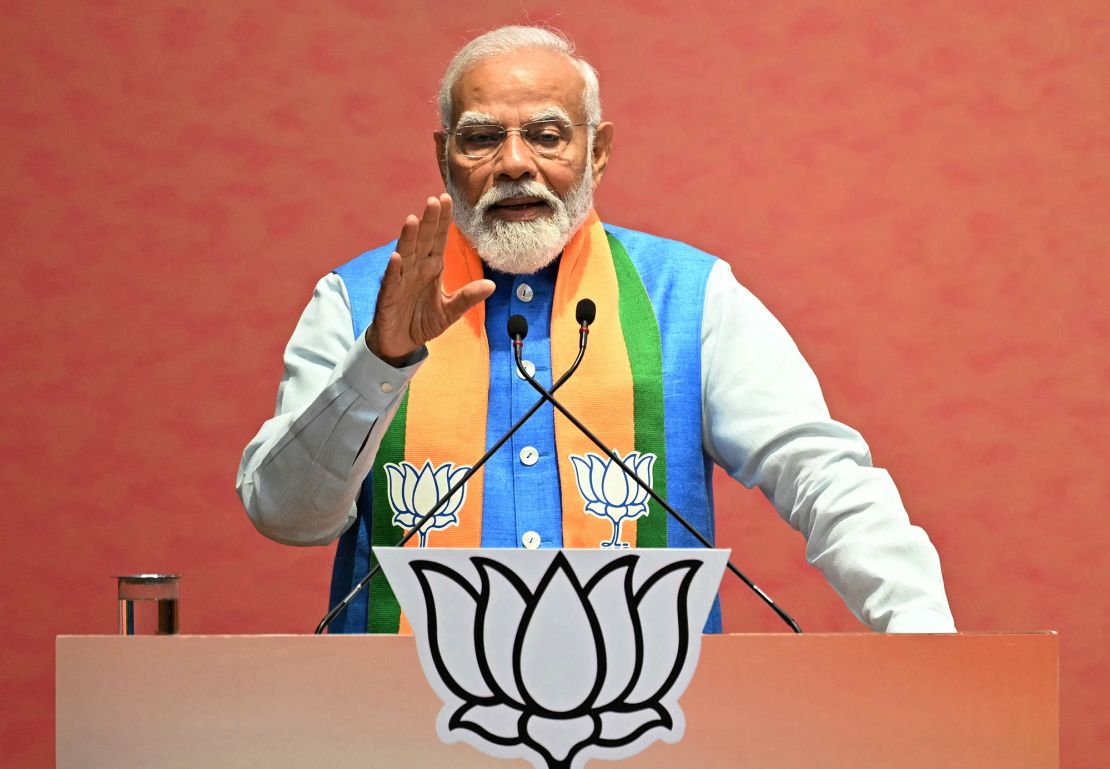 Narendra Modi speaks after releasing the Bharatiya Janata Party's (BJP) manifesto in New Delhi on April 14, 2024.