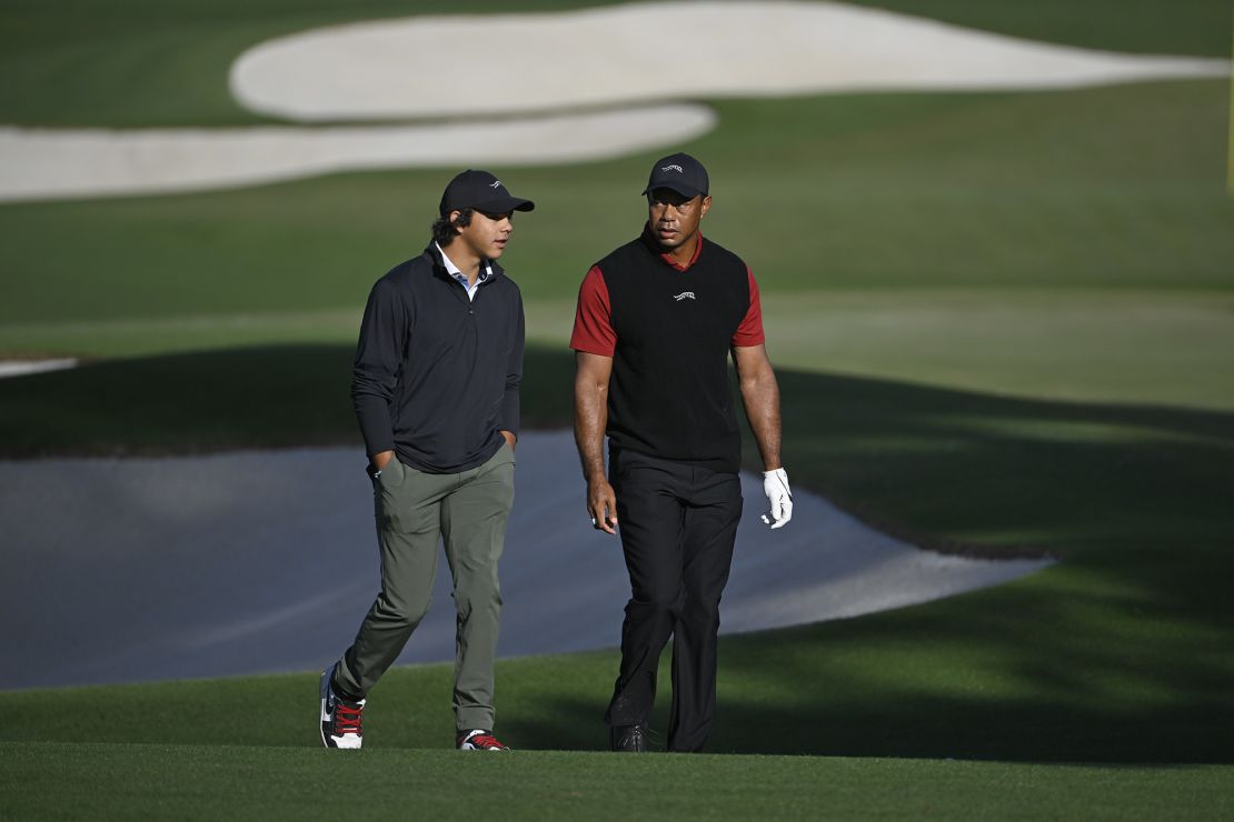 The Woods father-son duo walk Augusta National ahead of the Masters earlier this month.