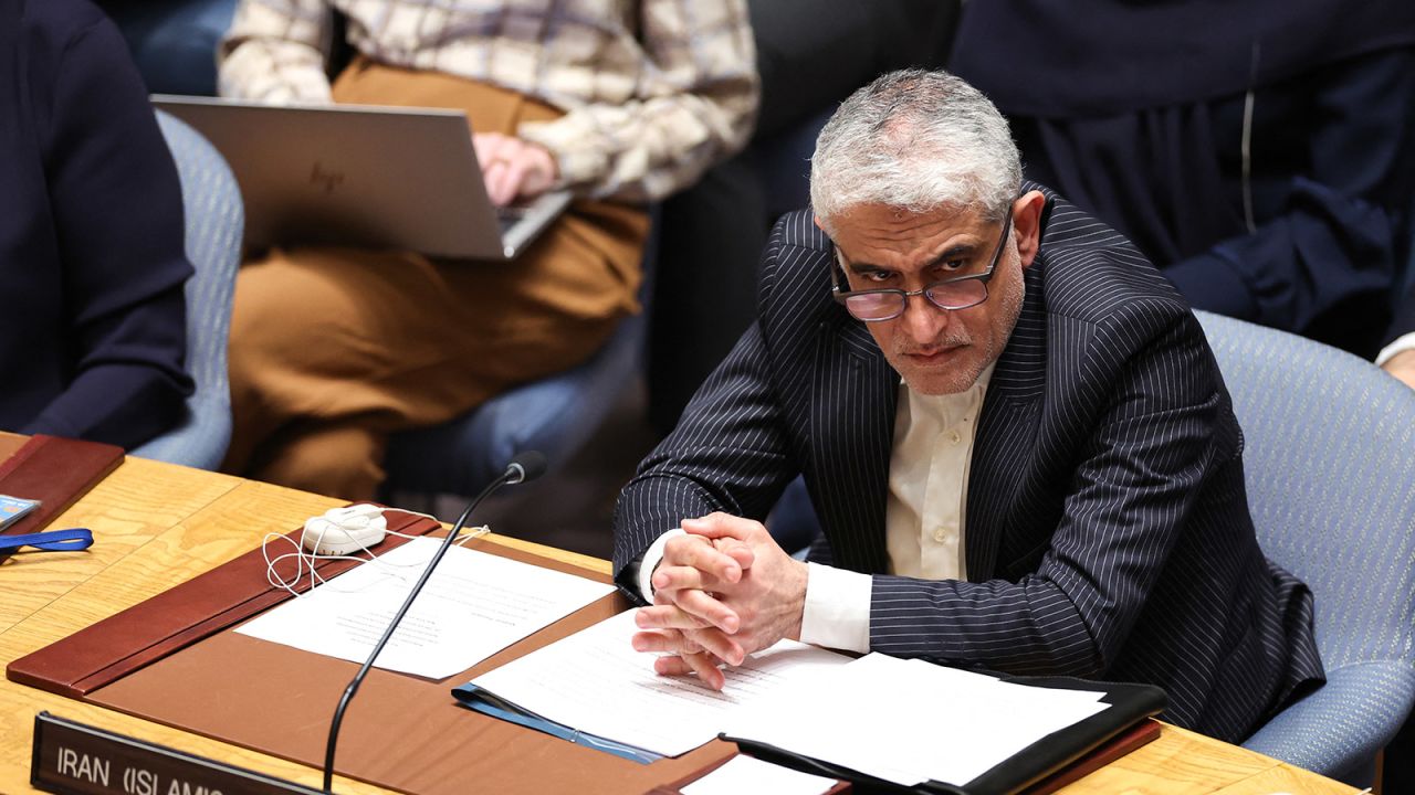 Iranian Ambassador to the UN Amir Saeid Iravani at the UN headquarters in New York on April 14, 2024.