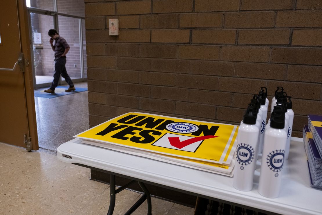 UAW signs and water bottles are shown inside the I.B.E.W. building in Chattanooga, Tennessee, on April 10.