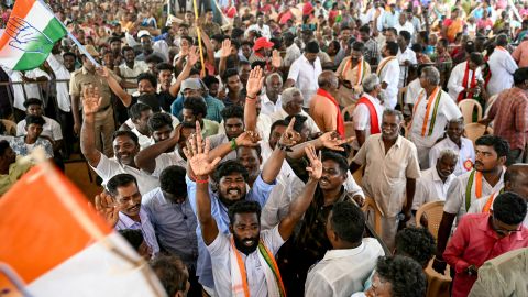 Supporters of India's opposition party, Indian National Congress during the election campaign in Puducherry on April 15, 2024, ahead of the country's national elections.