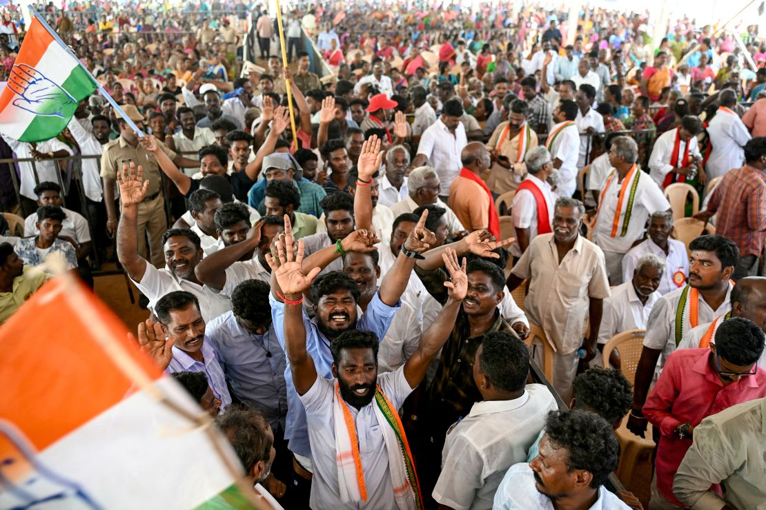 Supporters of India's opposition party, Indian National Congress, during the election campaign in Puducherry on April 15, 2024.