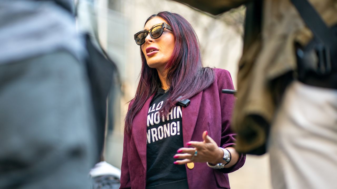 Far-right activist Laura Loomer speaks to the media prior to the beginning of former President Donald Trump's Trial at Manhattan Criminal Court on April 15, 2024 in New York City.