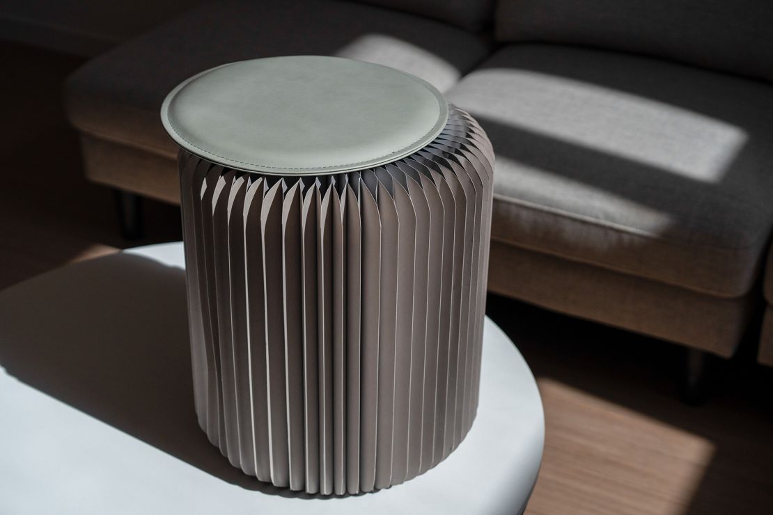 A stool made from recyclable cardboard on display in the athletes' accommodation in the Olympic Village in Saint-Denis, France.