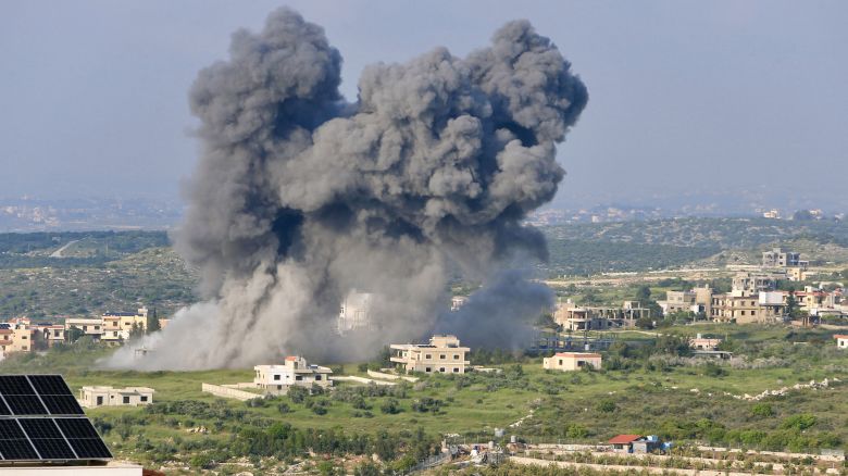 Smoke billows from the site of an Israeli airstrike on the southern Lebanese village of Majdel Zoun, on April 15, 2024, amid ongoing cross-border tensions as fighting continues between Israel and Palestinian Hamas militants in the Gaza Strip.