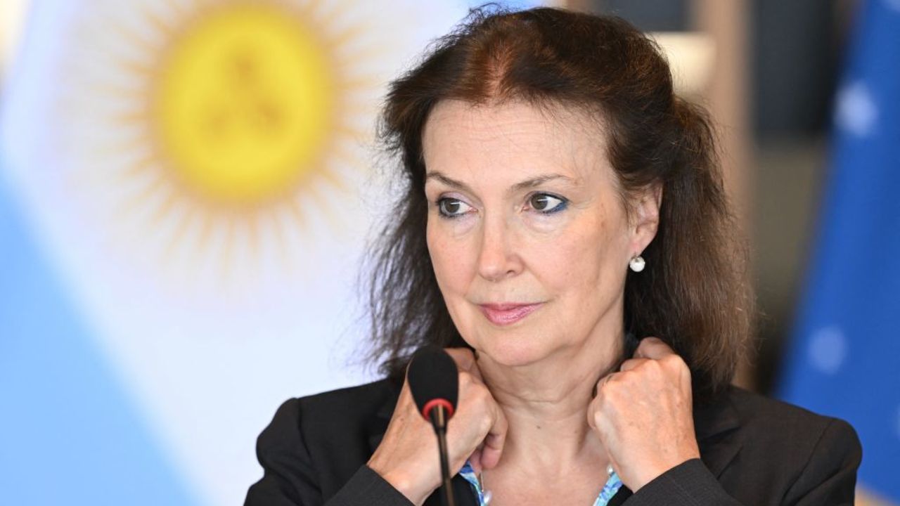 Argentina's Foreign Minister Diana Mondino gestures as she makes a statement beside her Brazilian counterpart Mauro Vieira (out of frame) at the Itamaraty Palace in Brasilia on April 15, 2024. (Photo by EVARISTO SA / AFP) (Photo by EVARISTO SA/AFP via Getty Images)