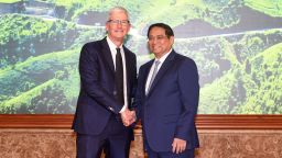 Vietnam's Prime Minister Pham Minh Chinh (left) and Apple CEO Tim Cook (right) during a meeting in Hanoi, Vietnam on April 16, 2024.