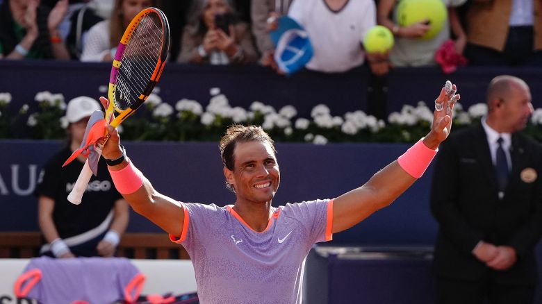 TOPSHOT - Spain's Rafael Nadal celebrates after beating Italy's Flavio Cobolli during the ATP Barcelona Open "Conde de Godo" tennis tournament singles match at the Real Club de Tenis in Barcelona, on April 16, 2024. (Photo by Pau Barrena / AFP) (Photo by PAU BARRENA/AFP via Getty Images)