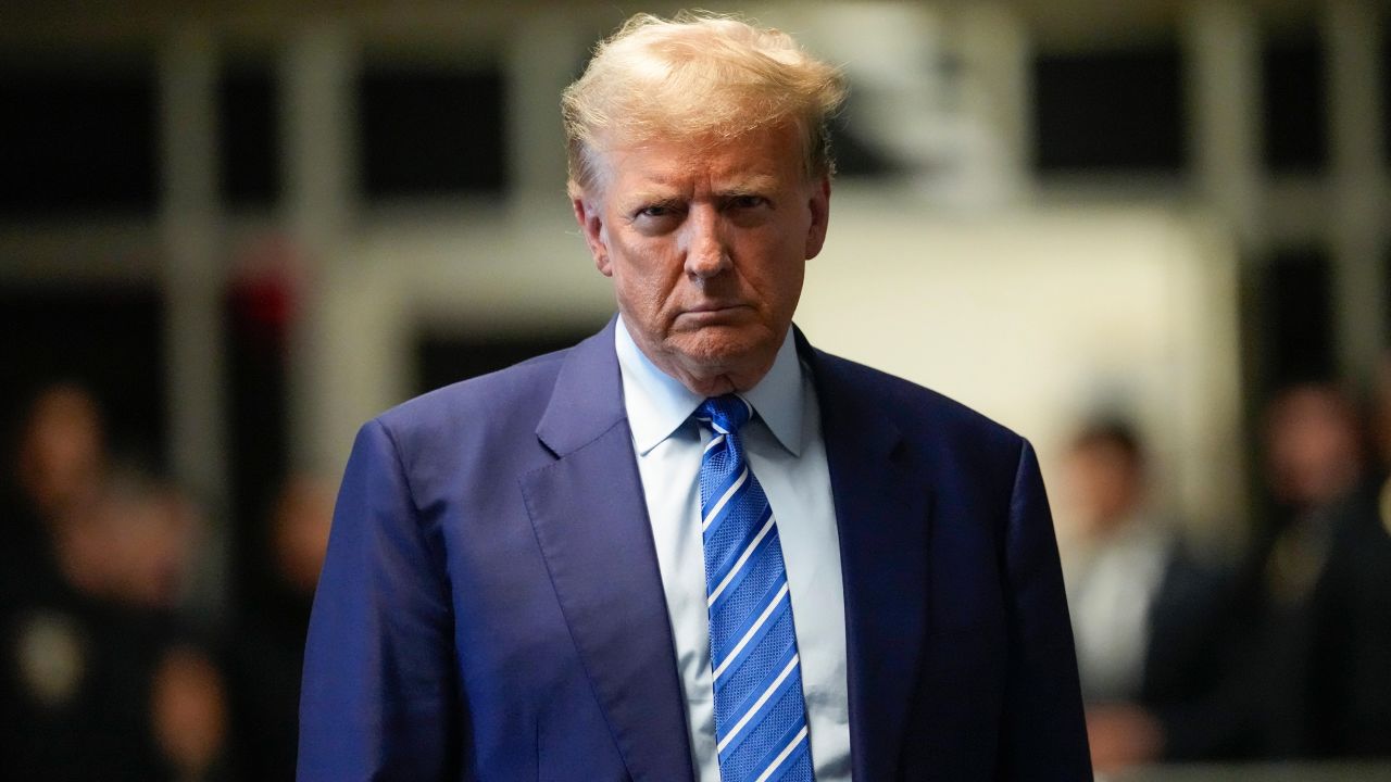 Former US President Donald Trump at Manhattan criminal court in New York, US, on Tuesday, April 16, 2024. Trump faces 34 felony counts of falsifying business records as part of an alleged scheme to silence claims of extramarital sexual encounters during his 2016 presidential campaign. Photographer: Mary Altaffer/AP Photo/Bloomberg via Getty Images