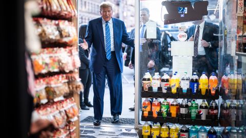 Former President Donald Trump visits Sanaa convenient store, a bodega in upper Manhattan, after leaving Manhattan criminal court, in New York on Tuesday, April 16, 2024.