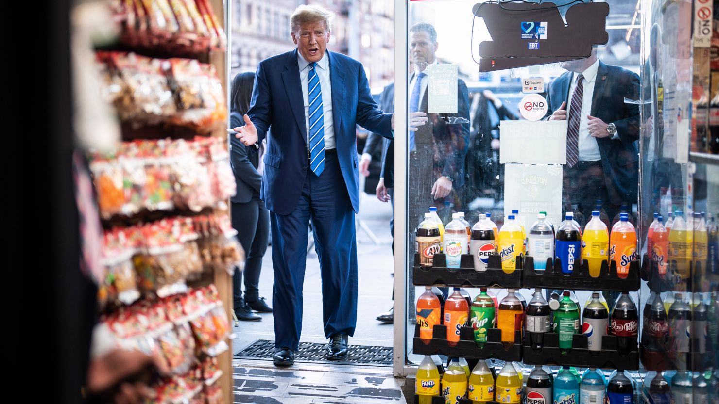 Former President Donald Trump visits Sanaa convenient store, a bodega in upper Manhattan, after leaving Manhattan criminal court, in New York on Tuesday, April 16, 2024.