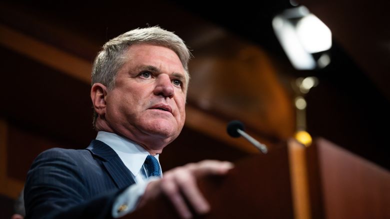 Rep. Michael McCaul (R-TX) speaks during a press conference with other Republican Senators and Representatives, demanding a trial of Secretary of Homeland Security Alejandro Mayorkas following delivery of articles of impeachment to the Senate, Washington, DC, April 16, 2024. (Photo by Allison Bailey / Middle East Images / Middle East Images via AFP) (Photo by ALLISON BAILEY/Middle East Images/AFP via Getty Images)