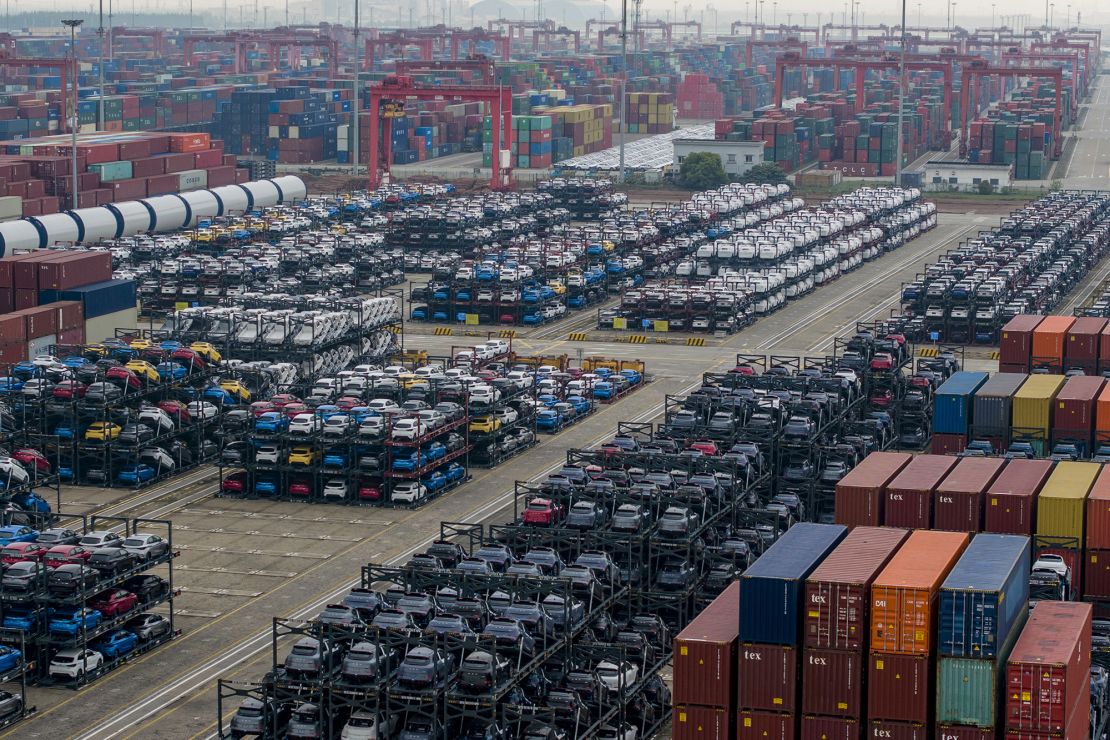 Chinese electric cars for export stacked at the international container terminal in Suzhou, awaiting to be exported.