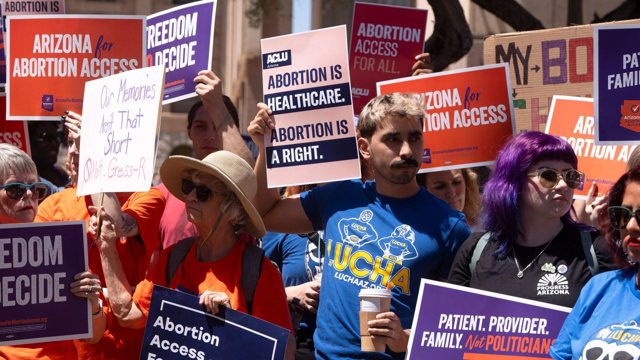 Abortion rights supporters demonstrate in Phoenix during a recess from a legislative session at the Arizona House of Representatives on April 17, 2024.