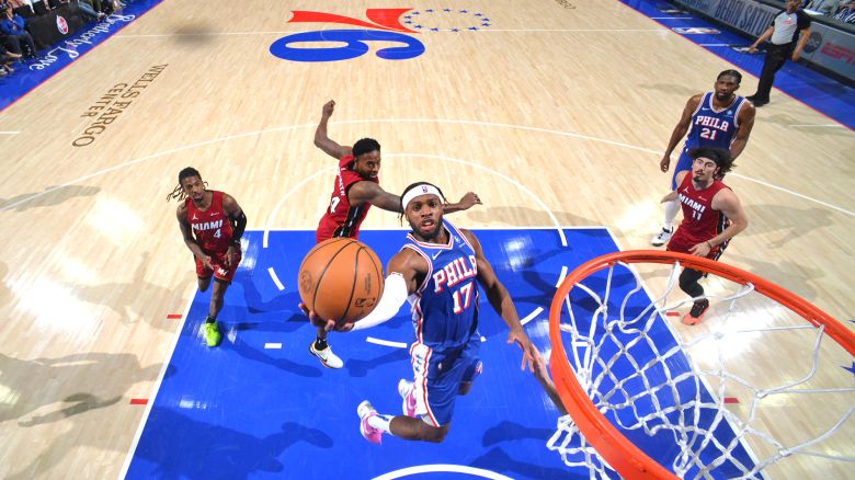 PHILADELPHIA, PA - APRIL 17: Buddy Heild #17 of the Philadelphia 76ers drives to the basket during the game against the Miami Heat during the 2024 NBA Play-In Tournament on April 17, 2024 at the Wells Fargo Center in Philadelphia, Pennsylvania NOTE TO USER: User expressly acknowledges and agrees that, by downloading and/or using this Photograph, user is consenting to the terms and conditions of the Getty Images License Agreement. Mandatory Copyright Notice: Copyright 2024 NBAE (Photo by Jesse D. Garrabrant/NBAE via Getty Images)