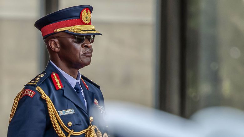 Chief of Kenya Defence Forces General Francis Ogolla looks on while inspecting a guard of honor during his official state visit to State House in Nairobi, on February 28, 2024.