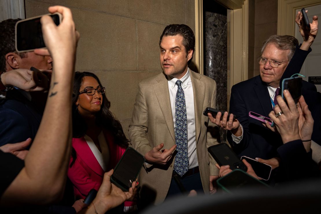 Rep. Matt Gaetz speaks to reporters at the Capitol on April 18, 2024.