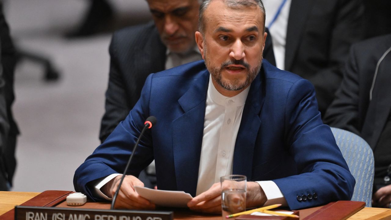 Iranâs Foreign Minister Hossein Amir-Abdollahian speaks during a UN Security Council meeting on the situation in the Middle East, including the Palestinian question, at UN headquarters in New York City on April 18, 2024. Amir-Abdollahian on Thursday warned that Tehran would make Israel "regret" any attack on his country in response to the Islamic republic's weekend barrage of missiles and drones. (Photo by ANGELA WEISS / AFP)