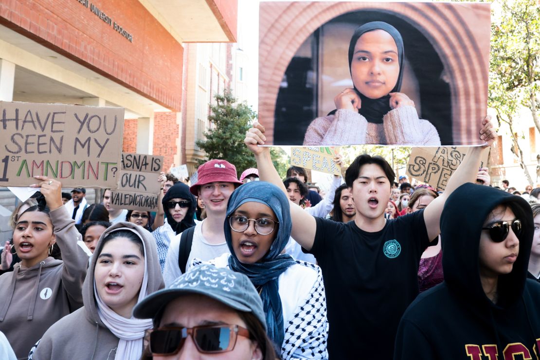 USC students participate in a march in support of Asna Tabassum, whose graduation speech has been cancelled by USC.