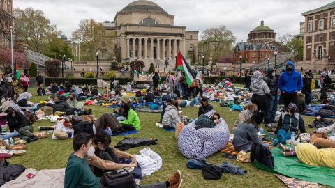 Students occupy the campus ground of Columbia University in support of Palestinians, in New York City, on April 19, 2024. Officers cleared out a pro-Palestinian campus demonstration on April 18, a day after university officials testified about anti-Semitism before Congress. Leaders of Columbia University defended the prestigious New York school's efforts to combat anti-Semitism on campus at a fiery congressional hearing on April 17. (Photo by Alex Kent / AFP) (Photo by ALEX KENT/AFP via Getty Images)