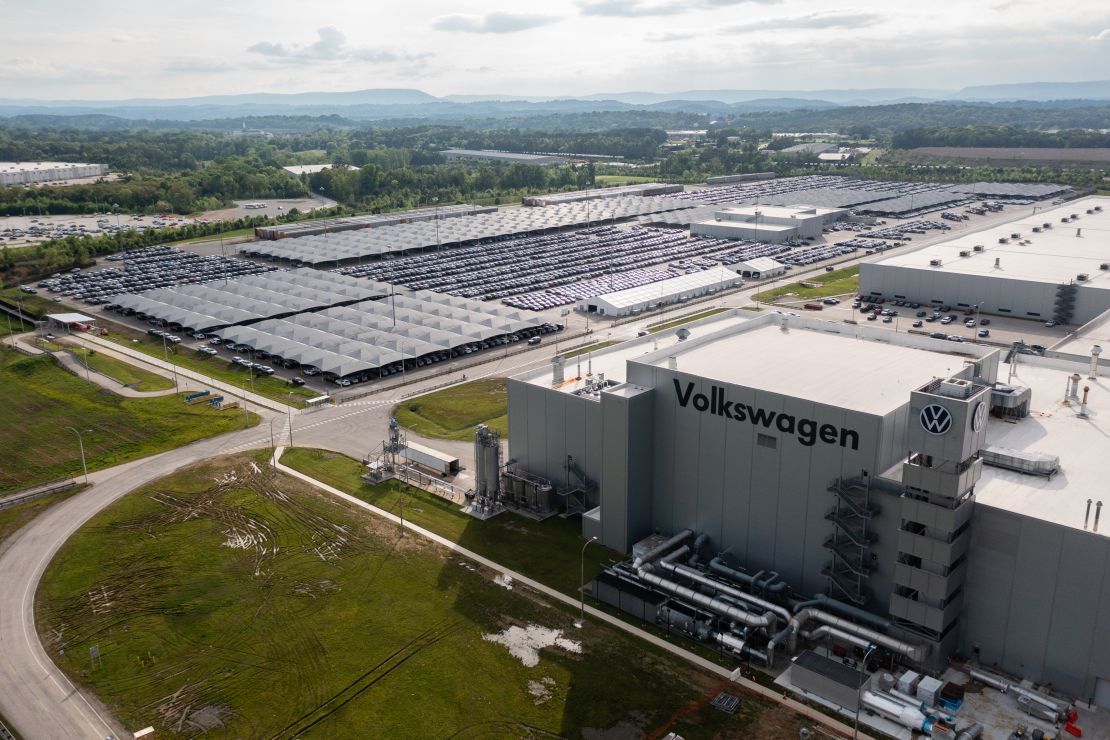 In an aerial view, a Volkswagen assembly plant is seen on April 19, 2024 in Chattanooga, Tennessee. Since Wednesday workers have been voting on whether to join the United Auto Workers (UAW) union.