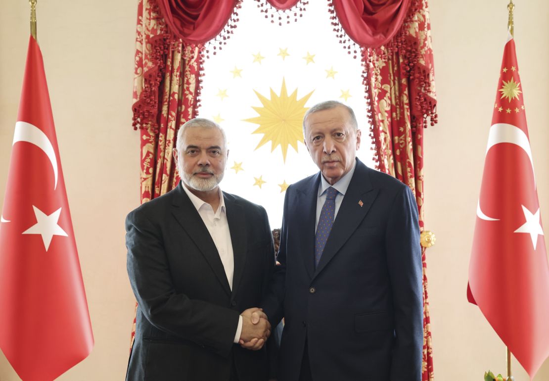 Turkish President Recep Tayyip Erdogan (R) meets with Hamas Political Bureau Chairman Ismail Haniyeh in Istanbul, Turkey on April 20.